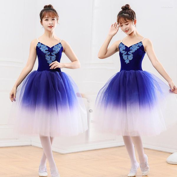 Stage Wear Blue Ballet Dress Performance Body per ragazze Adult Female Gradual Color Gonna lunga Tutu Modern Dance