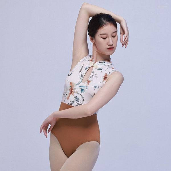 Roupa de palco sem mangas estilo chinês Cheongsam gola estampada flor ginástica malha para adultos dança balé treinamento bodysuit para mulheres