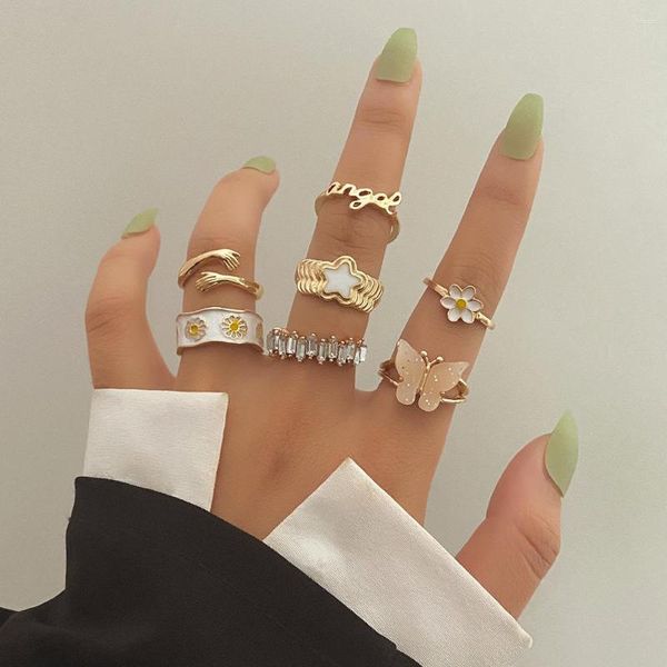 Cluster Ringe Emaille Blume Knuckle Ring Set für Frauen Glänzende Acryl Schmetterling Engel Brief Umarmung Offene Dame Trend Schmuck