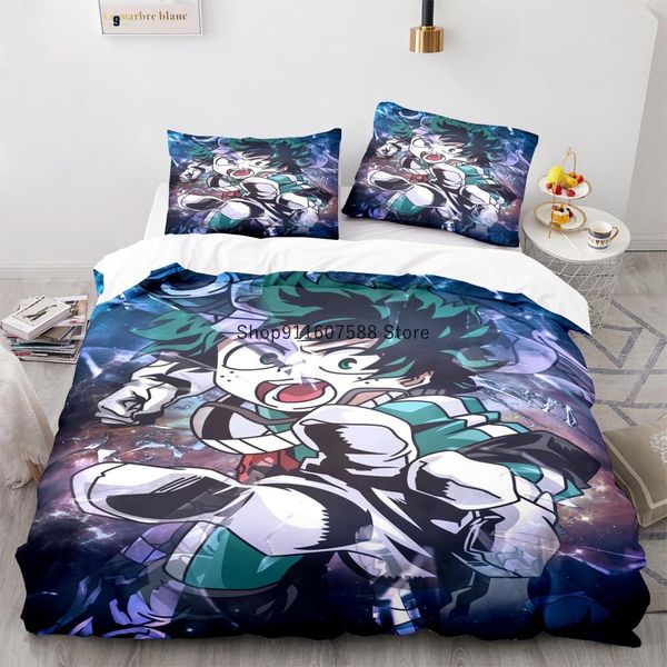 Dishes Neues Anime My Hero Academy-Bettwäsche-Set, Anime-Charaktere, Bettbezug-Set, 3D-Steppdecke, Bettset, Queen-Size-Bett, Kinder- und Jungen-Heimtextilien