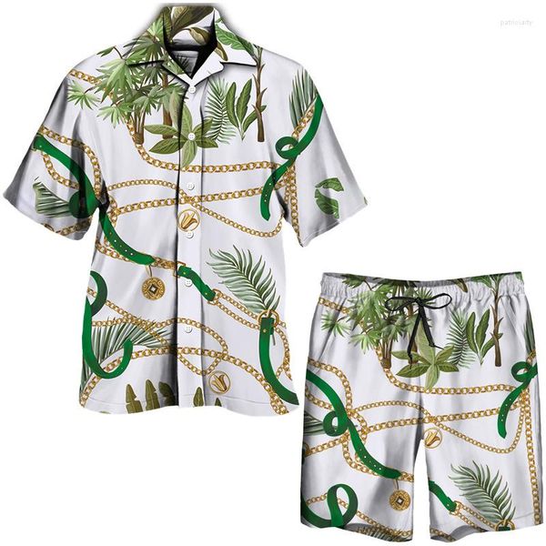 Agasalhos masculinos Conjuntos havaianos de verão Cadeia tropical luxuosa Estampa 3D Manga curta Camisa/shorts/terno Casual Roupas de praia para férias