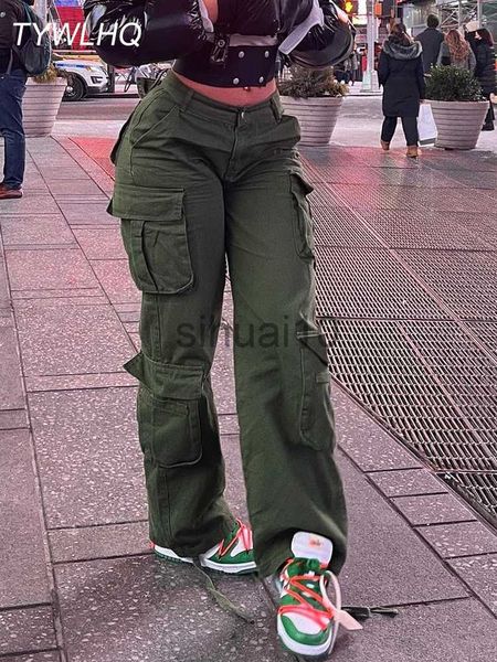 Pantaloni da donna Capris Pantaloni cargo verde militare Jeans larghi Moda donna Streetwear Tasche dritte Vita alta Pantaloni casual vintage in denim Salopette J230705