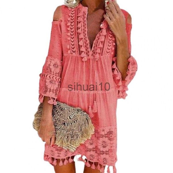 Vestidos casuais femininos sexy vestido curto manga longa com borla franja renda robe sem alças decote em v profundo feminino verão casual boho vestido de férias quente j230705