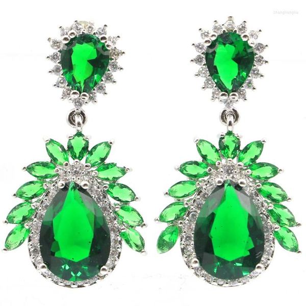 Brincos pendentes 42 x 21 mm que chamam a atenção verde esmeralda topázio esfumaçado branco CZ joias para mulher prata