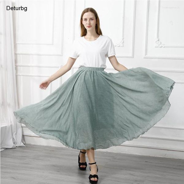 Юбки высшее качество хлопковая льняная льняная юбка Maxi юбка женская повседневная эластичная высокая талия.