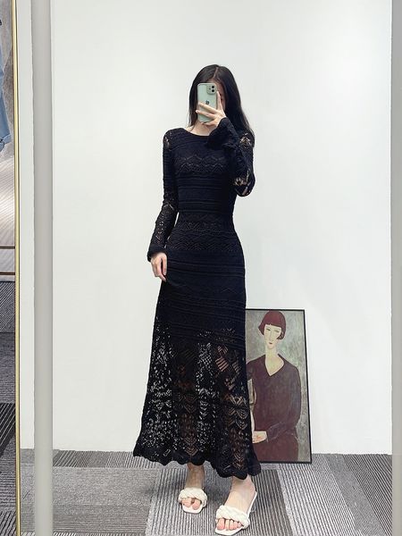 Basic Casual Dresse Maje New Black Round Neck Hollow Crochet Company Dress