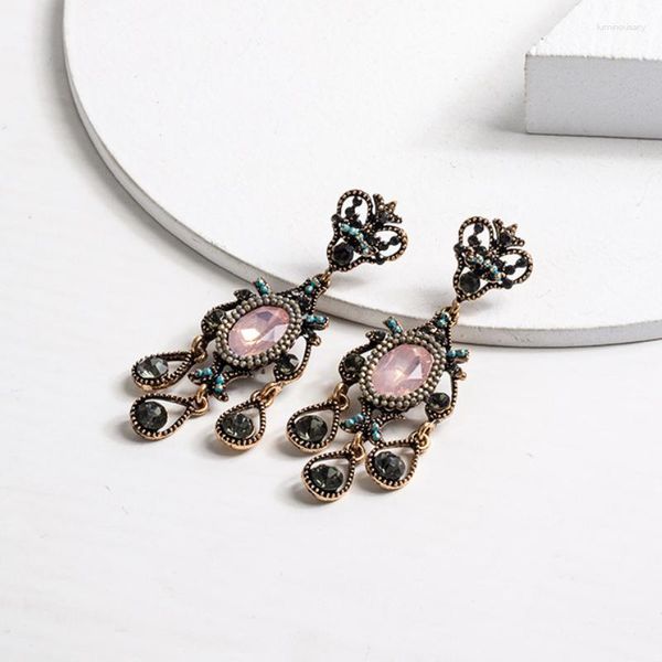 Brincos pendentes fashion retrô antiquado bronze elegante pedra rosa pingente em forma de coroa para mulheres meninas joias de festa bijoux