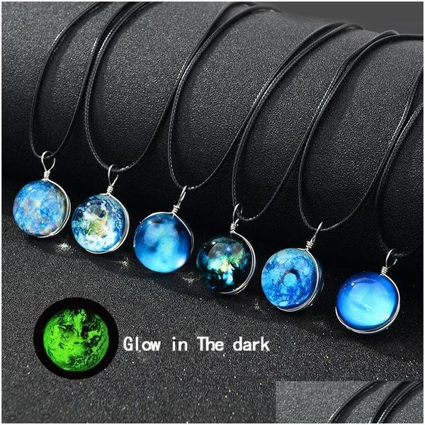 Collane con ciondolo New Glow In The Dark Galaxy Universe Vetro luminoso Cabochon Star Moon Black Wax Corda Catena per donna Uomo Moda Dhk3U