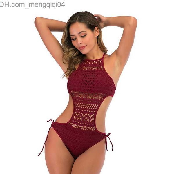 Kadın mayo kadın mayo tek parça mayo kadın seksi içi boş monokini dantel yular banyo takım elbise plaj kıyafeti katı bodysuit z230706