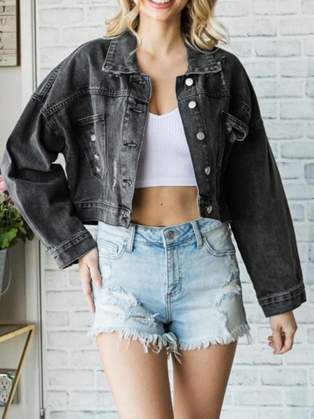 Kadın Ceketleri Kadınlar Rhinestone Püskül Denim Ceket Zarif Uzun Kollu Yakel Düğmesi Katı gevşek gündelik kısa jean Pocket Outwear