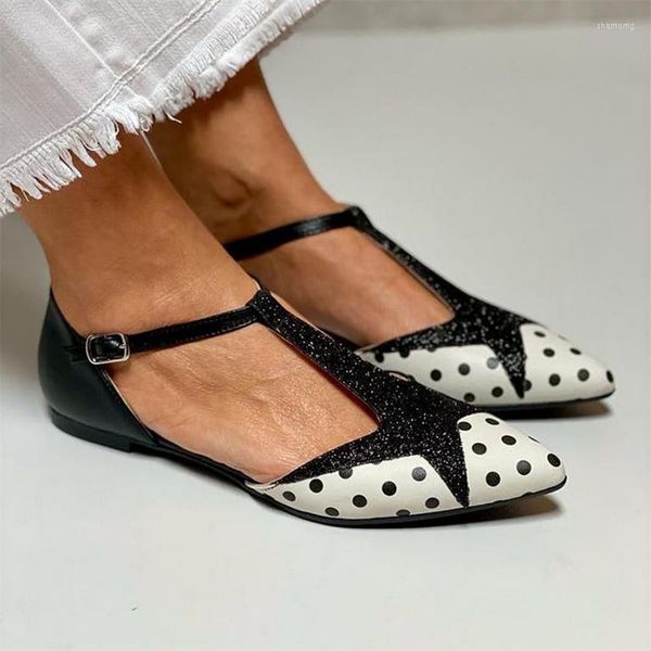 Sandalen Frauen Sandale 2023 Sommer Pailletten Polka Dot Casual Schuhe T Schnalle Hohl Spitz Flache Mueller Dropshopping