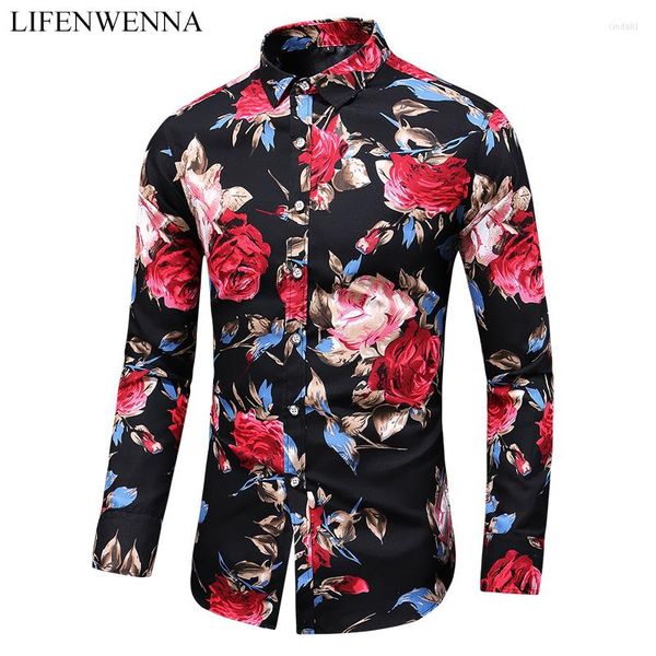 Camisas casuais masculinas 2023 Moda Flor Estampada Camisa Masculina Plus Size Manga Longa Masculina Slim Fit Masculina Office M-7XL