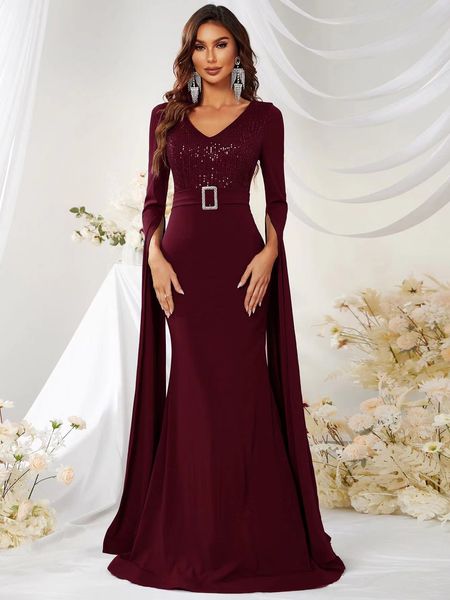 rosso bordeaux dubai sirena abiti da ballo manica lunga scollo a V plus size arabo paillettes abiti da sera in rilievo abito poeta maniche lunghe raso bling abito da festa formale 2023