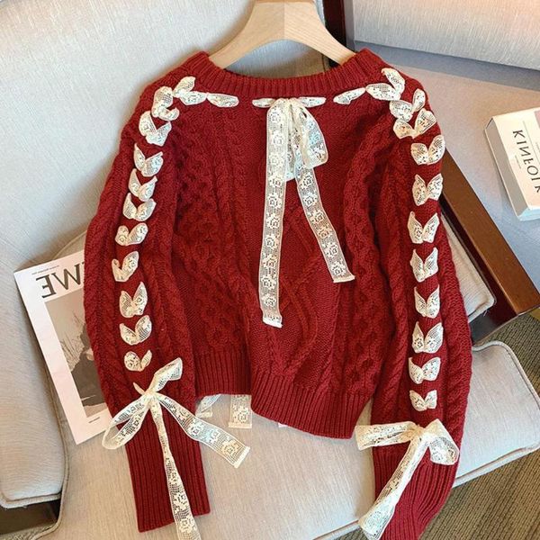 Женские свитера падают красный рождественский свитер Женщина зима 2023 Сладкий шнурок с бахнотом