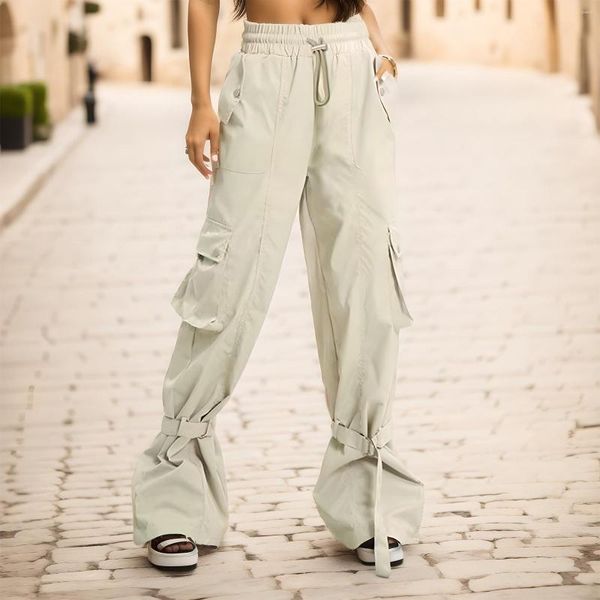 Damenhosen 2023 Y2K Frauen elastische Taille mit hohem Kordelzug Vintage Multi Pocket Hose Beingurt Design Lose Cargo