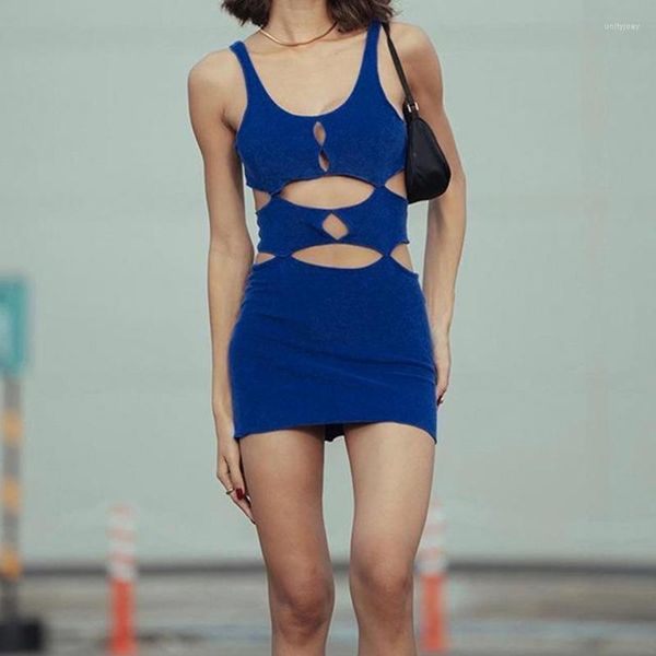 Abiti casual 2023 Fashion Summer Hollow Out Backless Slip Dress Women Solid Sleeveless Low Cut Bodycon Mini per Club Party