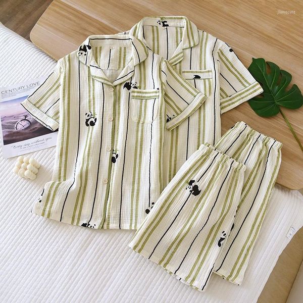 Pijama feminino Casal Crepe Algodão Pijama Verão Seção Fina Manga Curta Curto Homens E Ternos Bambu Panda Homewear