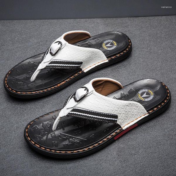 Terlik Erkek Ayakkabı Markaları Erkek Flip Flops Orijinal Deri Lüks Plajı Sıradan Sandalet Moda Beyaz İçin Yaz