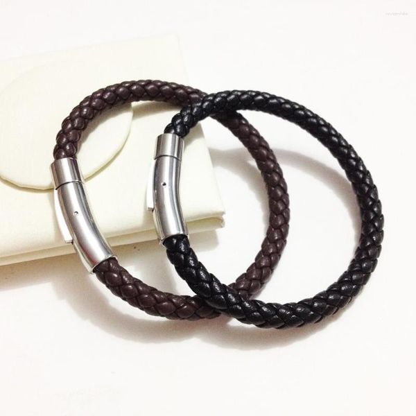 Braccialetti con ciondoli 6mm Bracciale intrecciato in vera pelle marrone nero per uomo Braccialetti con fibbia magnetica in acciaio inossidabile 316L Regali gioielli