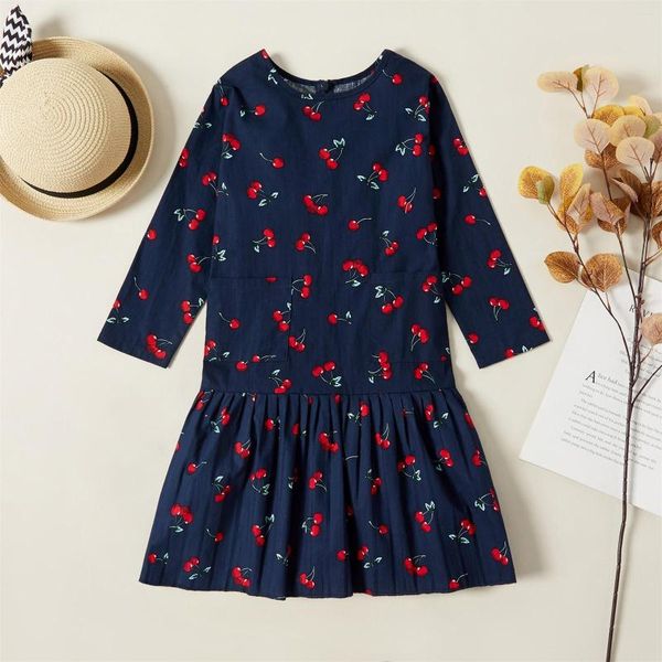 Vestidos para meninas 4 6 8 9 anos para crianças meninas vestido floral 2023 primavera manga longa frutas cereja roupas casuais para princesas