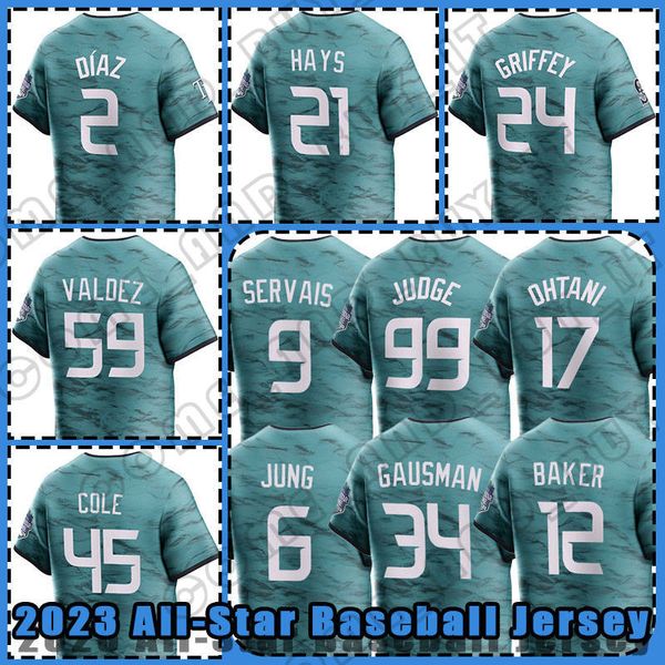 99 Aaron Judge 2023 Baseball Jerseys 17 Shohei Ohtani 2 Yandy Diaz Kevin Gausman 45 Gerrit Cole All-Star Dusty Baker Framber Valdez Corey Seager Josh Jung Austin Hays