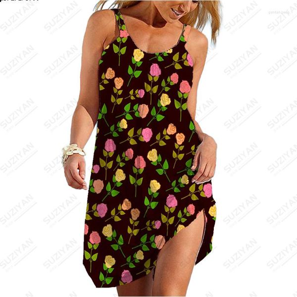Lässige Kleider Mode Sommer Damen Hawaii-Stil Bunte fragmentierte Blume 3D-gedruckter Strandrock mit U-Ausschnitt für A-Linie