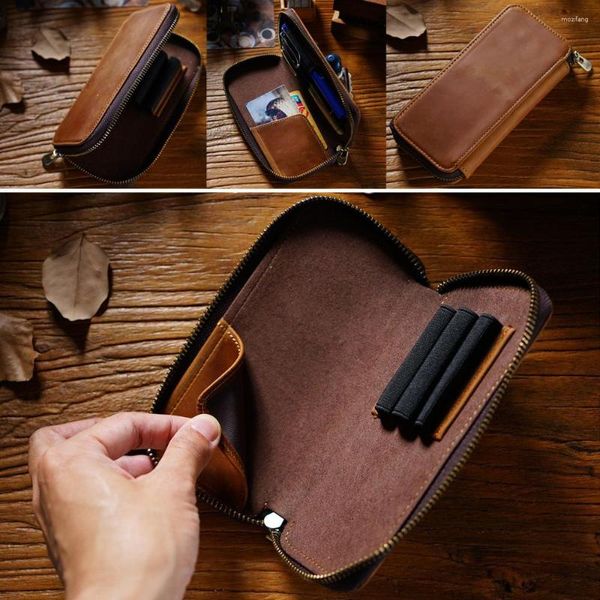 1 astuccio fatto a mano in pelle bovina con portapenne organizer astuccio per matite con cerniera cancelleria per ufficio forniture per studenti adulti