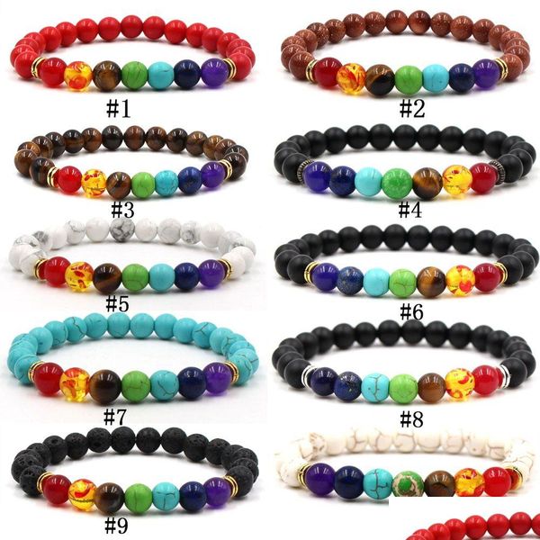 Frisado 7 Chakra Pulseira Masculina Lava Rocha Preta Cura Contas Nce Reiki Buda Oração Pedra Natural Ioga Pulseira Para Mulheres Moda Jóia Dh4Qe