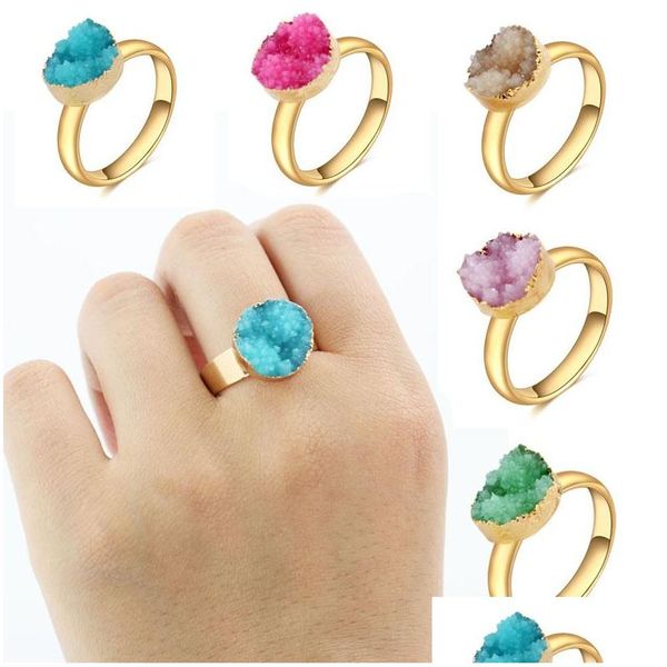 Banda Anéis Moda Pedra Natural Geométrica Druzy Drusy Quartzo Boêmio Cor Dourada Ajustável Para Mulheres Jóias Presente Drop Delivery Rin Dhf9W