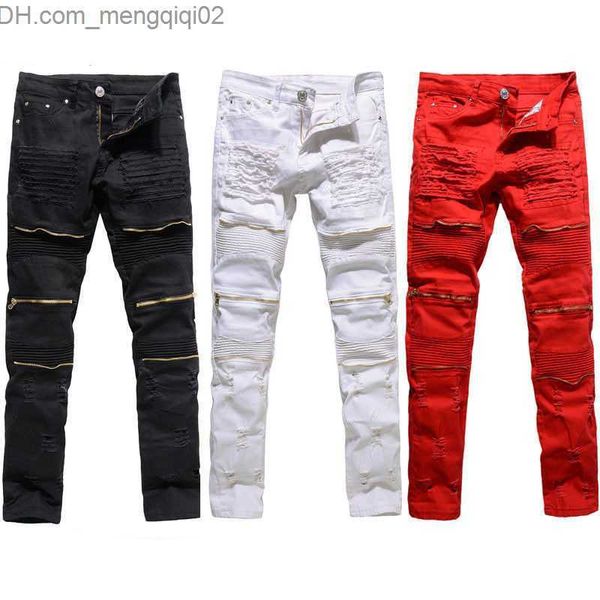 Calça Jeans Masculina Moderna Destroyed Jeans Rasgado Preto Branco Vermelho Moda Meninos Universitários Skinny Passarela Calças Jeans Z230711