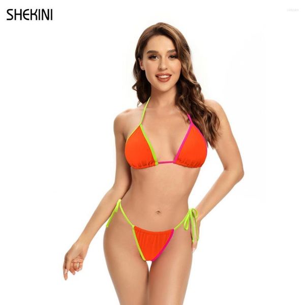 Damen-Bademode SHEKINI Neckholder Triangle Hit The Colour Bikini Low Waist Tie Side Bottom Zweiteilige Badeanzüge Strandbadeanzüge