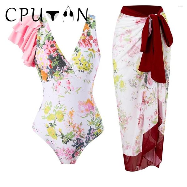 Damenbadebekleidung CPUTAN 2023 Rüschen Eine Schulter Weiblicher Badeanzug Cover Up Print Monokini Vintage Sommer Strandkleid Badeanzug Rock