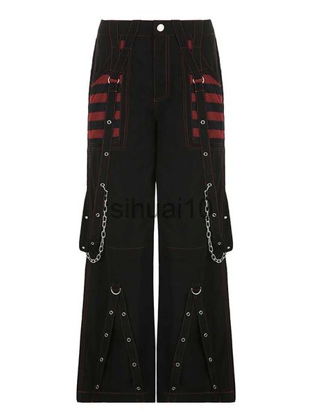 Damenhose Capris Goth Dark Y2k Punk Wide Leg Grunge Black Pants Mall Gothic Harajuku Baggy High Waist Hose Strap Patchwork Techwear Kleidung J230705