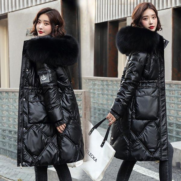 Jaqueta feminina de inverno de penas plus size moda pele com capuz comprimento médio feminino brilhante casual engrossamento magro casaco parka quente