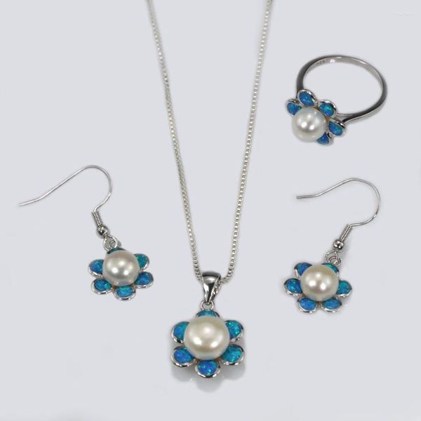 Collana Orecchini Set Gioielli JL0002 Design Fiore Per Opale Di Fuoco Blu Delle Donne E Orecchino Ad Anello