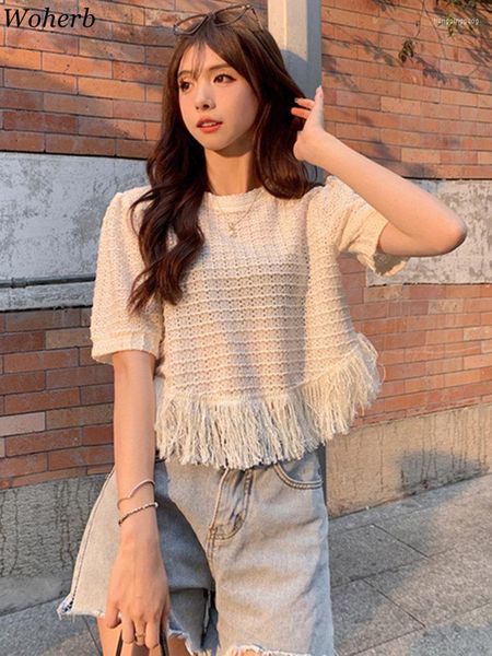 Magliette da donna per le donne Moda Solid O Collo Magliette Crop Top Casual T-shirt estive lavorate a maglia Scava fuori Tassel Y2k T-shirt 2023 Ropa Mujer