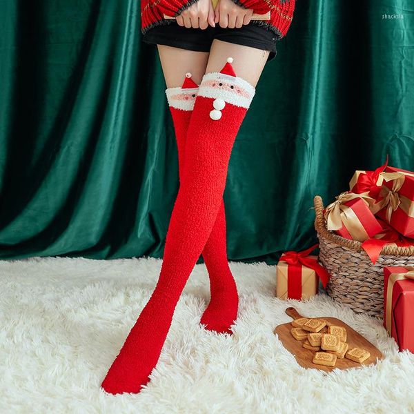 Frauen Socken Weihnachten Santa Korallen Fleece Lange Frau Winter Warme Oberschenkel Hohe Cartoon Gestreiften Über Knie Schlaf Socke Mädchen geschenk