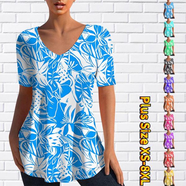 Camisetas Femininas 2023 Casual Manga Curta Slim Fit Cintura T-shirt 3D Impresso Top com Decote em V Pulôver Verão