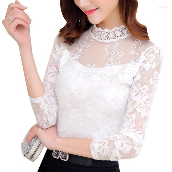 Kadın Bluzları Kadın Seksi Dantel Bluz Sonbahar Beyaz Gömlek Kadın İnce Sıradan Üstler Uzun Kollu Blusas Plus Boyut 5xl AB413