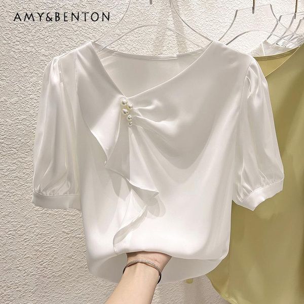 Blusas femininas 2023 estilo coreano elegante gola emagrecedora irregular plissada com contas pulôver manga curta chiffon camisa para mulheres verão