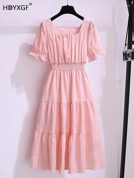 Abiti casual rosa manica a sbuffo donna corta moda coreana tinta unita dolce signora adorabile abito tutto-fiammifero con colletto vintage