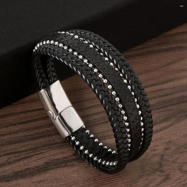 Charm Bracelets 2023 Elegante Aço Inoxidável Pulseira Masculina Simples Stud Couro Feito à Mão Acessório Uso Diário