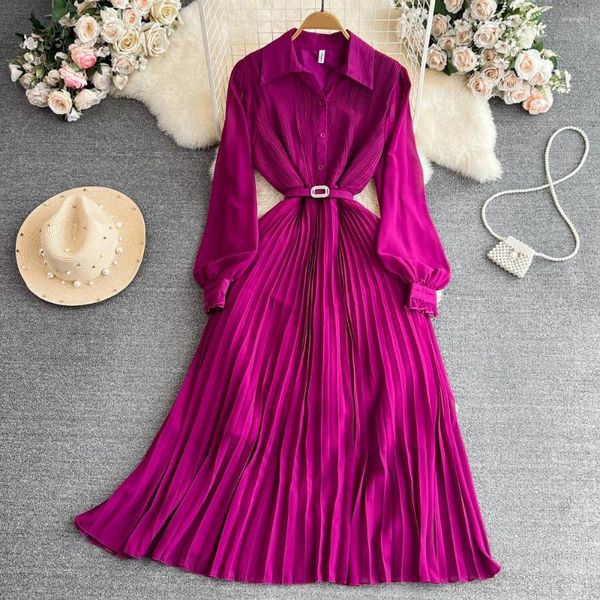 Casual Kleider Clothland Frauen Elegantes Plissee Hemd Kleid Drehen Unten Kragen Gürtel Langarm Candy Farbe Chic Maxi Vestido QC205