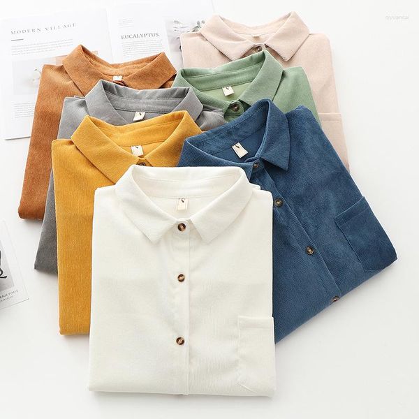 Blusas femininas de cor sólida Camisas de veludo cotelê Feminino 2023 Primavera Casual Solto Senhoras Blusa de Manga Longa Simples Estilo Universitário Tops