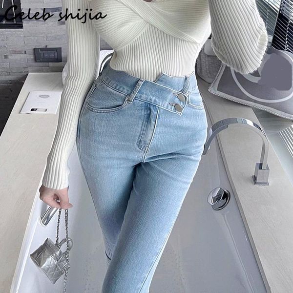 Jeans 2023 Chic Jeans elastici irregolari Donna Vita alta Pantaloni in denim blu chiaro Moda coreana Jeans skinny Y2k Mamma Xs Estate