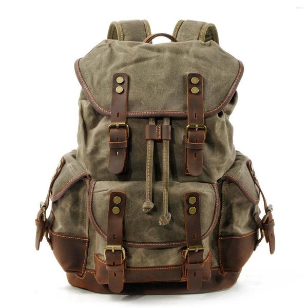 Rucksack Herren Outdoor Große Kapazität Reise Leinwand Panel Leder Bergsteigen Tasche Retro Machen Alte Studenten Taschen