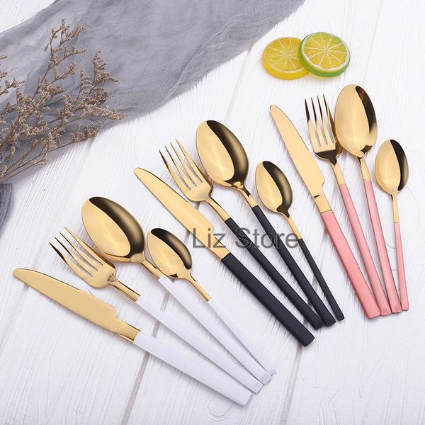 Bunte Griff Geschirr Sets Edelstahl Messer Gabel Löffel Steak Messer Dessert Kuchen Scoop Obst Gabeln Western Food Set TH0910