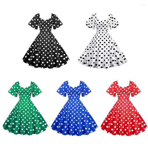 Lässiger Kleiderstil, kurzärmelig, schmales Vintage-Swingkleid mit Polka Dots und Gürtel