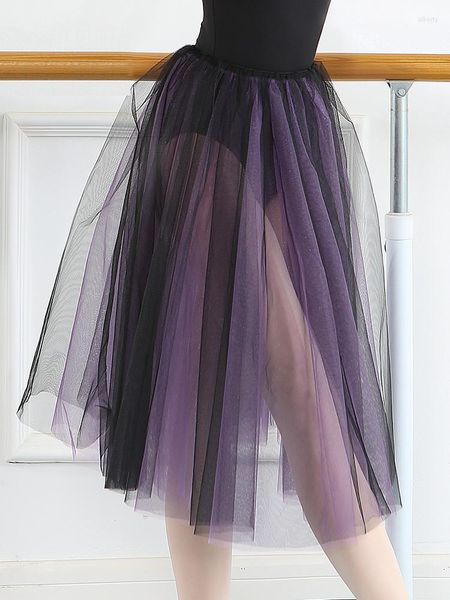 Saia de bailarina feminina de malha para palco, vestidos de balé, roxo, preto, dupla camada, vestido de dança clássica para meninas, roupa de dança, tutu