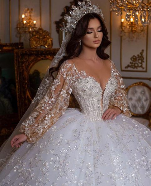 Urban Sexy Kleider Wunderschöne Dubai Spitze Hochzeit Prinzessin Pailletten Applikation Puffy Long Sleeves Exposed Boning Weiße Brautkleider Ehe Robe 230705